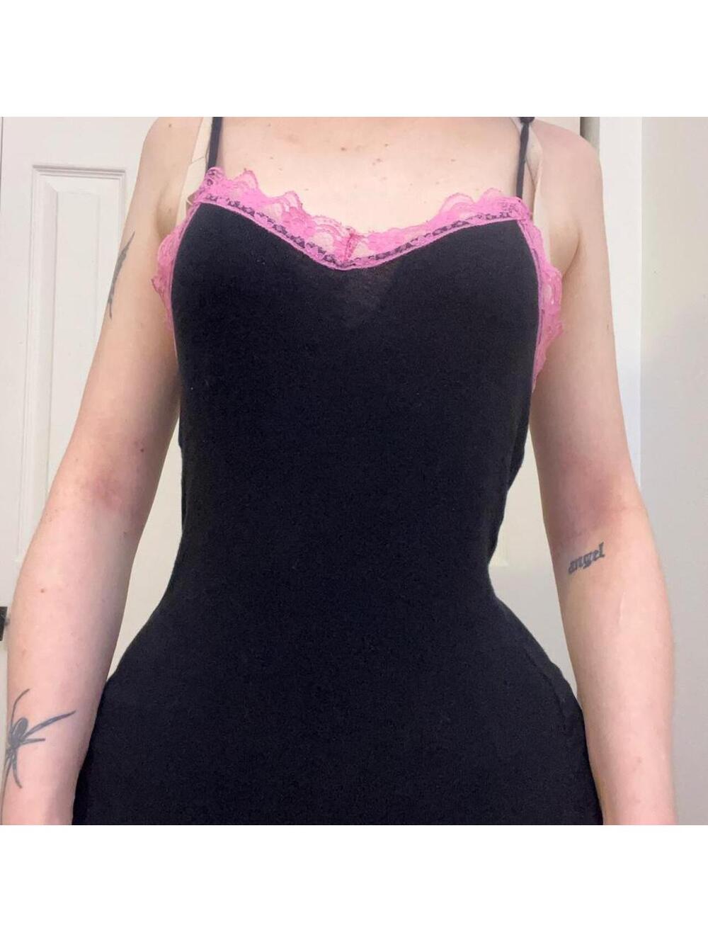 fitted black tank top with pink lace trim